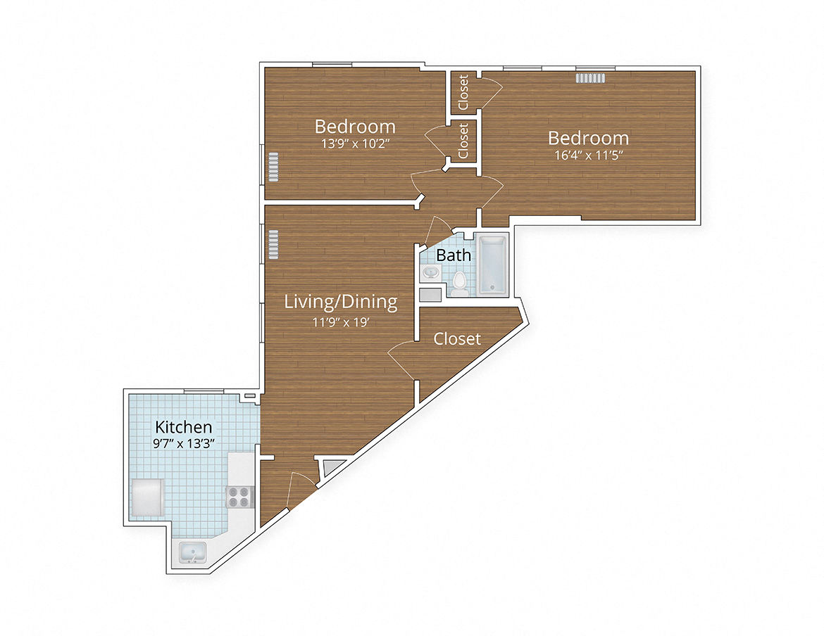 Floor plan for 2 beds, 1 bath, 936 sqft